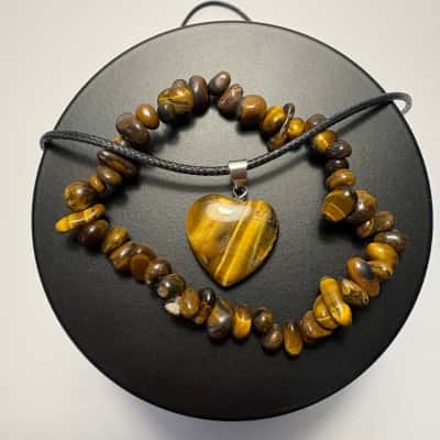 Tiger Eye Heart Pendant & Bracelet Set