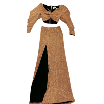  Club London Size 8 Dark, Shimmering Bronze Set (Padded Shoulders Crop Top + Long Slit Skirt)