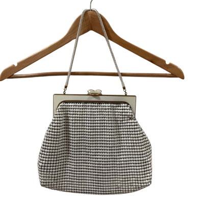  Oroton Cream Mesh Handbag/Evening Bag with Blue Lining, Made in West Germany, Signs of Use, As Pictured