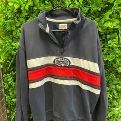 Tommy Hilfiger Mens  Size L Quarter Zip Jumper Navy Blue / Red / White 