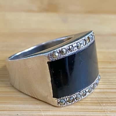 Sterling Silver Black Stone/Diamante Ring (Stamped 925)