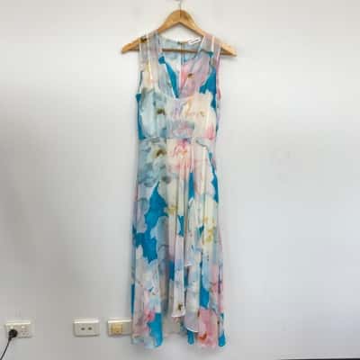 Calvin Klein White Blue Pink Floral Sleeveless Midi Dress  Size 6 