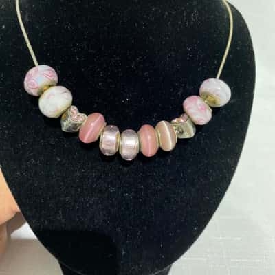  925 Stirling Silver Italy Glass Murano Slider Charm Beads Necklace in Pastel Pinks