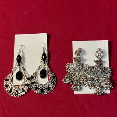  Women's Drop Earrings Vintage Traditional Tribal Jhumka silver tone/black stone
