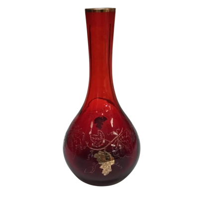 Vintage Bohemian Ruby Red Crystal Vase With Gold-etched Grapevines - Czech Republic