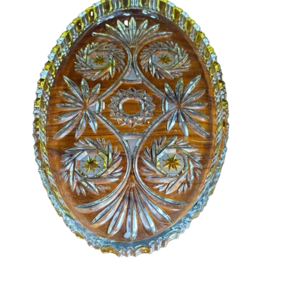 Vintage Yellow Cut To Clear Crystal 4 Way Divided Oval Glass Dish Tray