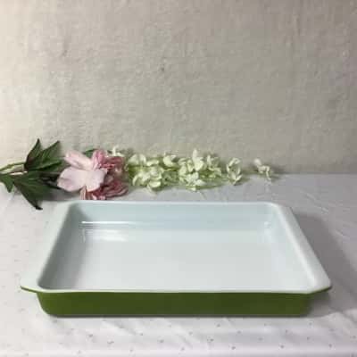 Vintage Pyrex Ovenware Olive Green / White Rectangular Baking Dish