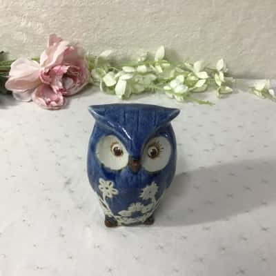 Blue / White Floral Pattern Ceramic Owl Figurine