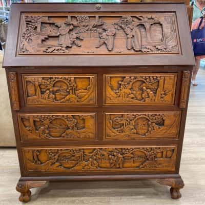 Vintage Chinese Carved Drop Front Writing Desk