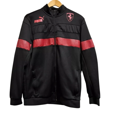 Puma, Mens, Size L, black zip-up jacket with red designs