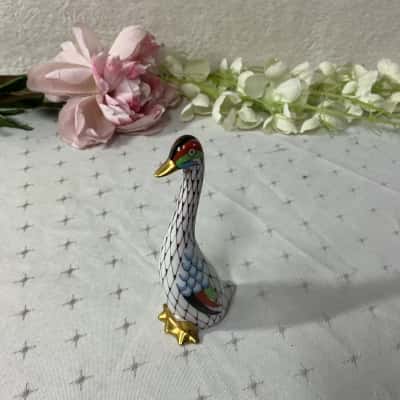 Hollohaza Hungary Hand-painted Pattern Goose Figurine with Gold Accents