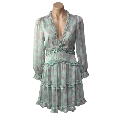 Angel Biba Womens Size 10 Green / Pink  / White Pattern Long Sleeve Mini Dress