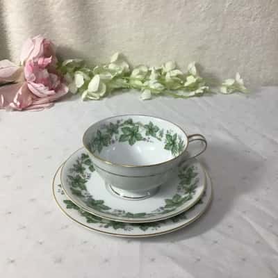 Vintage Noritake "Madera" Green Leaf Pattern Porcelain Cup Saucer & Plate