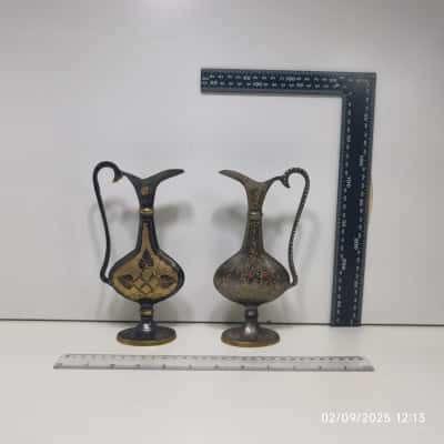 Duo of Vintage Brass Jug Pitcher Elongated Narrow Etched 
