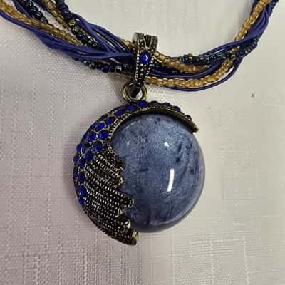  Womens Blue Boho Multi Strand Cord and Bead Necklace with Glass Blue Pendant with Wing