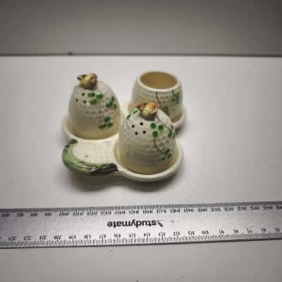 Vintage Japanese Ceramic Beehive Salt Pepper Shakers Mustard Pot Set