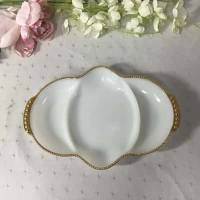 Vintage Fire King Oven Ware White Milk Glass 3 Section Divided Dish with Gold Trim