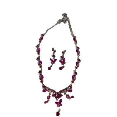 Necklace & Earrings in Silver Tone Setting with Pink Stones.