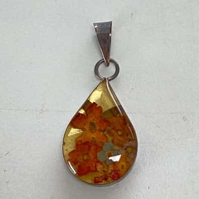 Vintage 925 Sterling Silver Dried Flower Orange Glass Pendant 