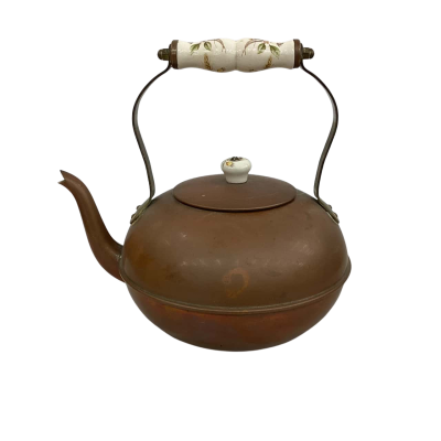 Vintage Copper Kettle with Floral Ceramic Handle 