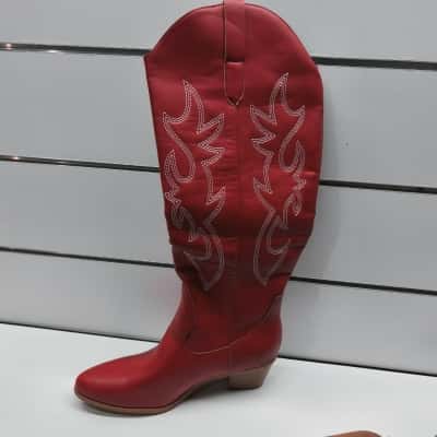 Red Western Cowboy Boots with White Stitching Size 43 Leather-Look Preowned As New 