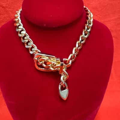  Women's Chunky Gold Tone Choker Necklace featuring a Cuban Chain Link Design with Belt Buckle