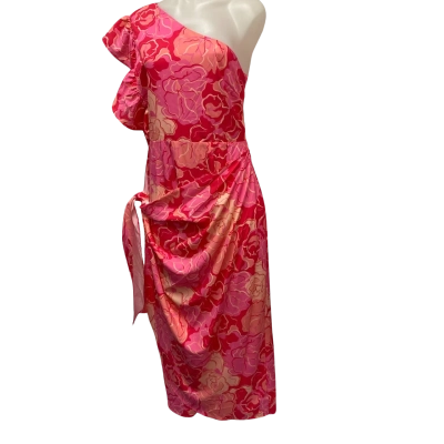  Womens Gingham & Heels One Shoulder Size 12 Midi Dress Hibiscus Floral / Pink  