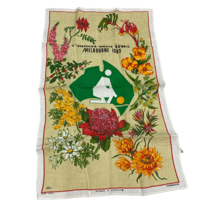 Pure Linen 5th Women's World Bowls Melbourne 1985 Tea Towel