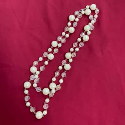  Womens Long Faux Pearl and Iridescent Faceted Bead Necklace 