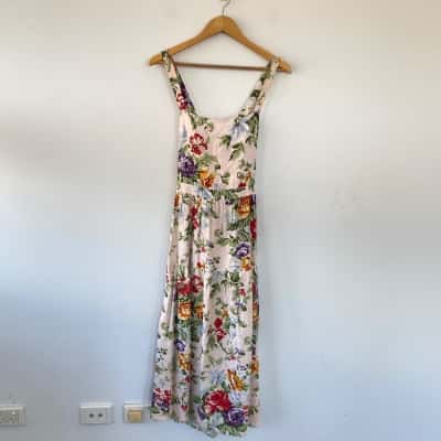Nunui Pink Green Floral Back Tie Midi Dress  Size 10 