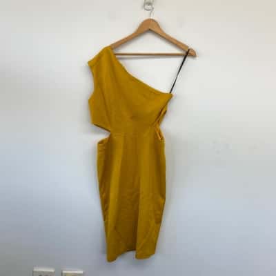 Karen Millen Mustard Yellow One Shoulder Cut Out Midi Dress  Size 12 
