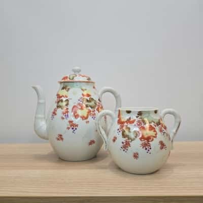 Antique Japanese Porcelain Teapot & Sugar Bowl – Hand-Painted Floral with Gold Accents