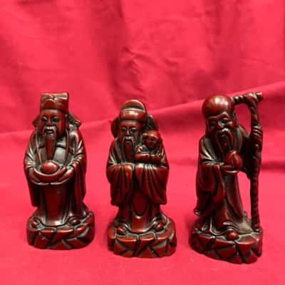 Vintage Red Resin Set of 3 Chinese Wise Men Statues