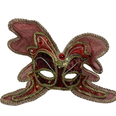 Womens red and gold butterfly-shaped Venetian masquerade half-mask, similar to styles like the Godan Bórkowy Motyl or standard red butterfly costume masks inspired by traditional Venetian carnival designs.