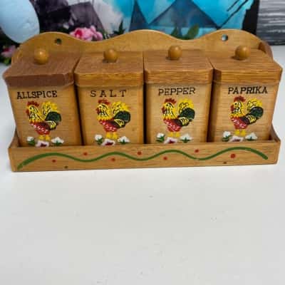 Vintage 1950s Japanese Wooden Spice Rack Set