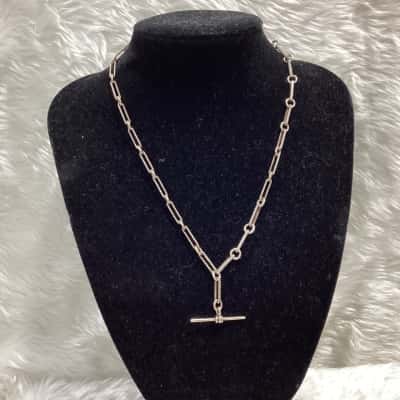  Womens Antique Sterling Silver Trombone link Albert Chain Necklace 