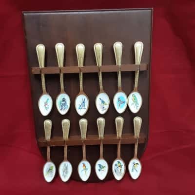 Vintage Set of 12 Gold Plated Australian Bird Design Spoons with Display Stand 