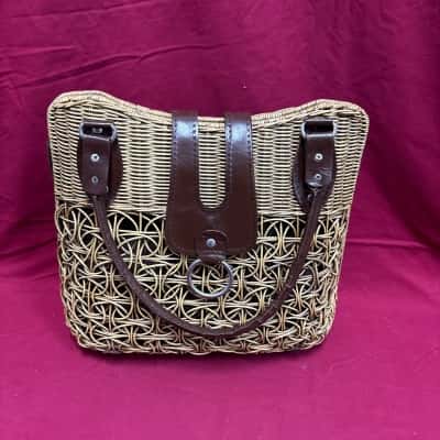  Women's Handcrafted Rattan Tote Bag with Brown Trim and Fabric Lined Interior
