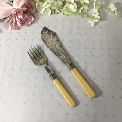 Vintage Decorative Etched Pattern Silverplated Two Piece Fish Knife & Fork Serving Set
