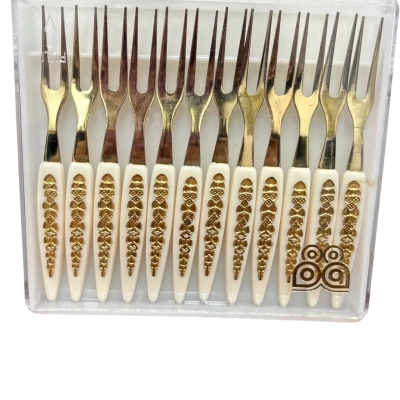 Vintage Gold-Tone Cocktail / Appetizer Fork Set with White & Gold Floral Handles