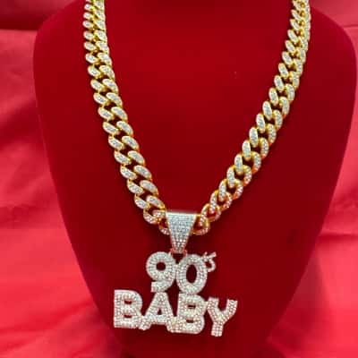 Unisex Gold Tone Cuban Chain Necklace featuring a "90's Baby" Pendant Encrusted in Rhinestones