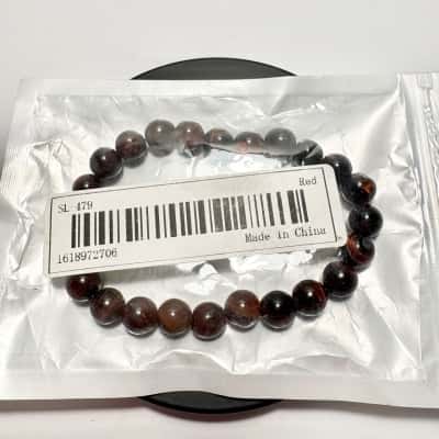 New in Bag Semi Precious Deep Red Stone Elastic Bracelet - Possibly Tigers Eye