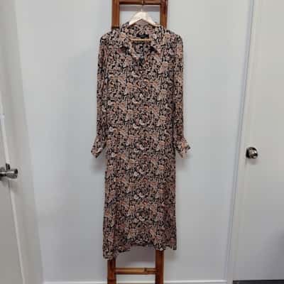 Cable Melbourne Kennedy Long Sleeve Midi Dress Paisley Print Black White Orange Size 16 BNWT