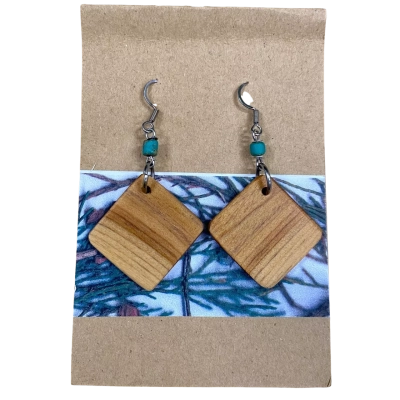 Kakadu Blue Wooden Diamond-Shaped Earrings 