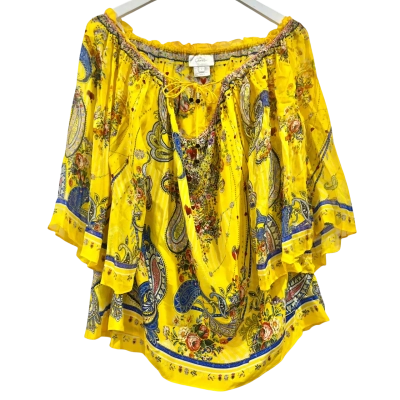 Camilia “Muse” Yellow Silk Off the Shoulder Pheasant Style Silk Top Size L