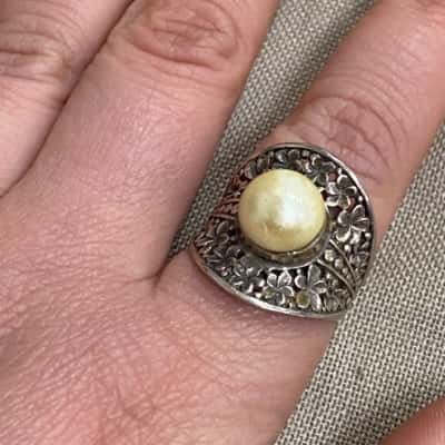  Womens 925 Silver Faux Pearl Ring