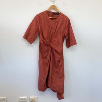 Chepe Italy Rust Red Elbow Sleeve Front Knot Midi Dress Size M 
