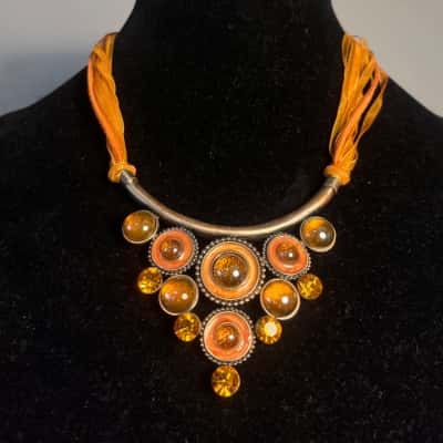 Brassy/Copper Tone and Orange Ribbon Necklace
