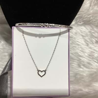  Womens Sterling Silver Open Heart Necklace and Silver-tone Affirmation Bangle 