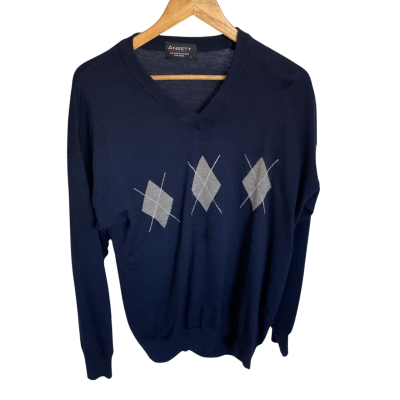 Ansett, Mens  Size L Jumper Navy Blue - V neck,100%wool